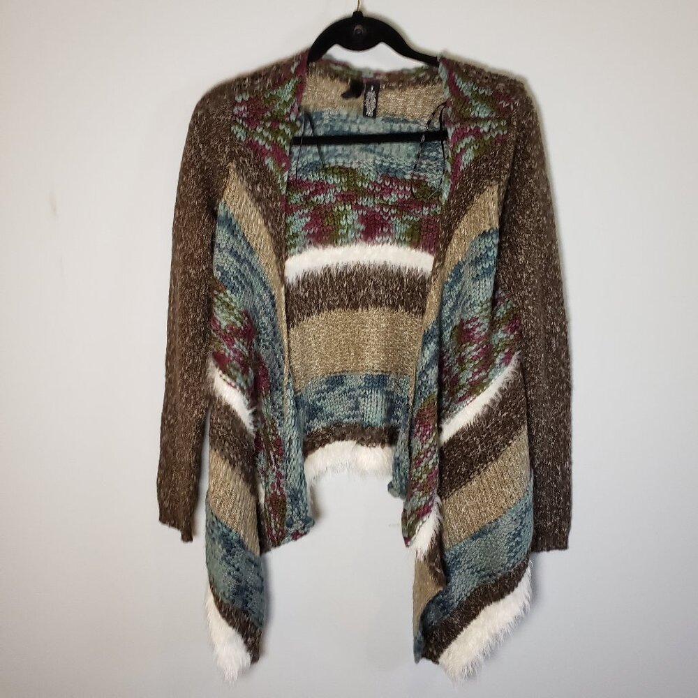BKE Boutique Wool Blend Open Cardigan Small Faux Fur Trim Multi Color